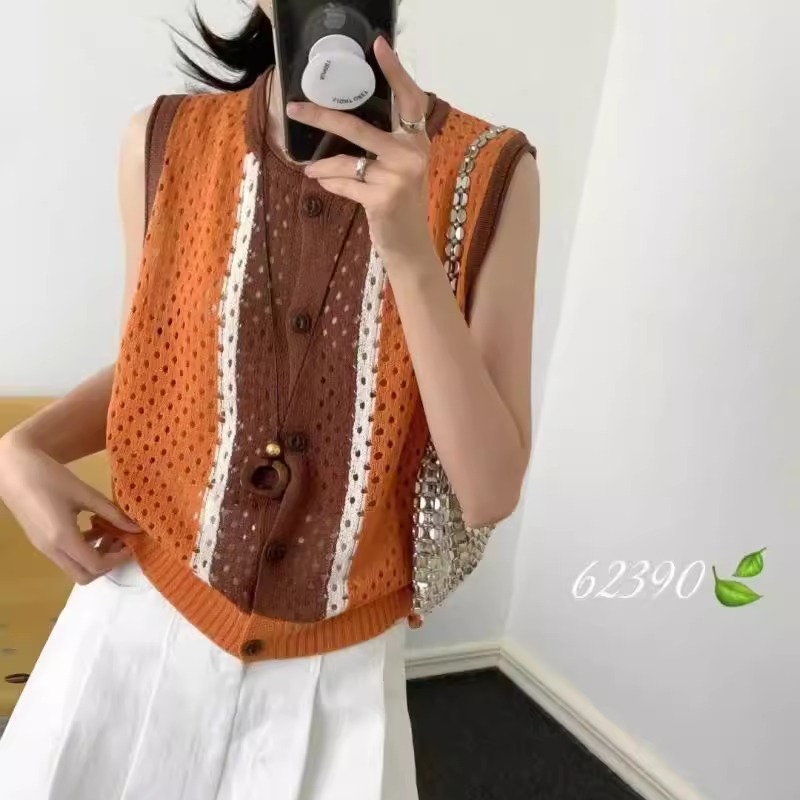 欧货圆领拼色镂空针织开衫马甲背心女25夏季洋气百搭显瘦无袖上衣