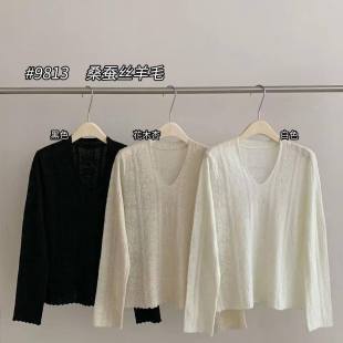 打底女上衣 重工秋冬V领纯色慵懒风时尚 桑蚕丝羊毛钩花针织衫 法式
