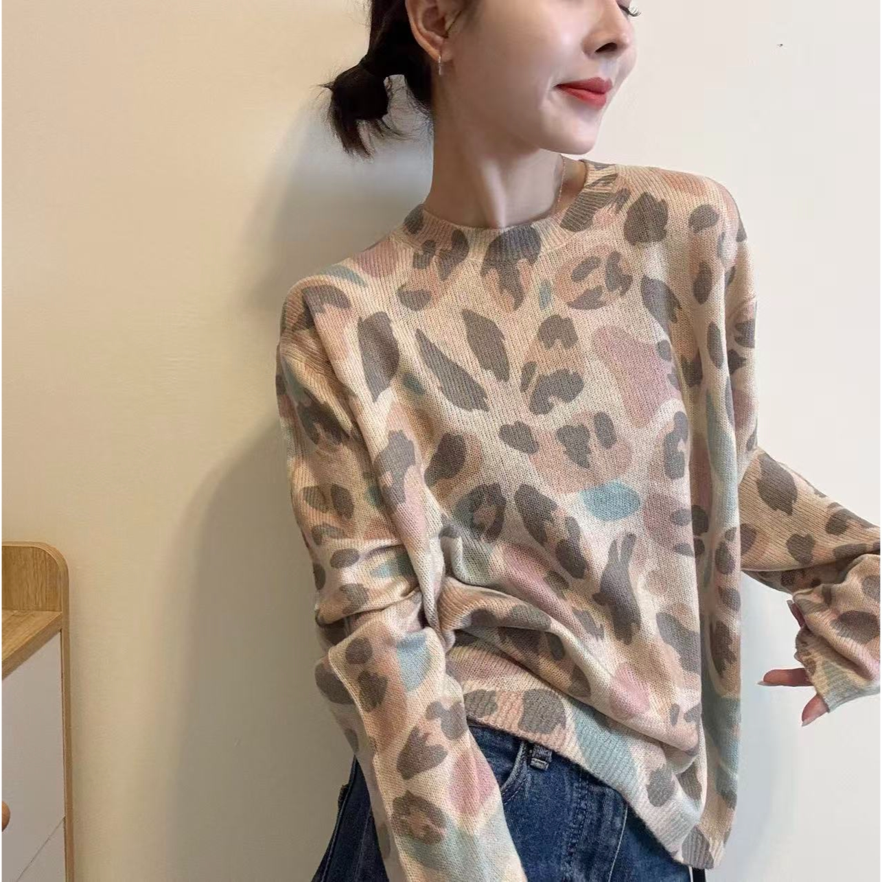 复古慵懒风松弛感晕染印花针织衫