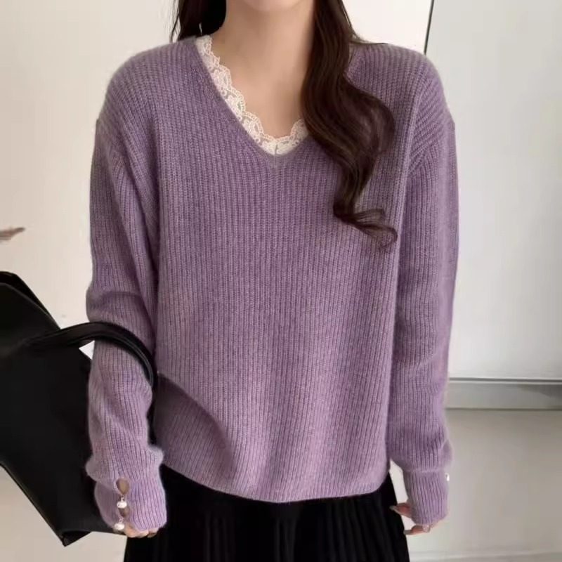 BADX正品蕾丝v领拼接羊毛毛毛针织衫女冬季宽松软糯毛衣高级上衣