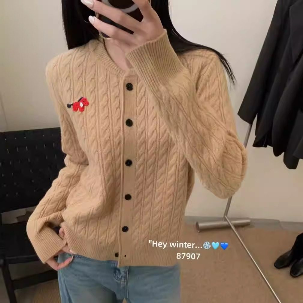 2025冬季新款圆领麻花单排扣卡通小马刺绣针织开衫洋气显瘦上衣女