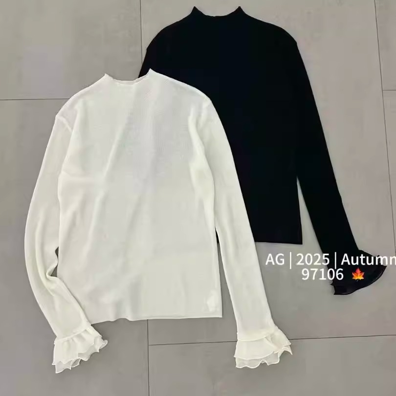 2025秋冬款百搭韩版半高领长袖蕾丝荷叶袖针织衫纯色时尚女打底衫