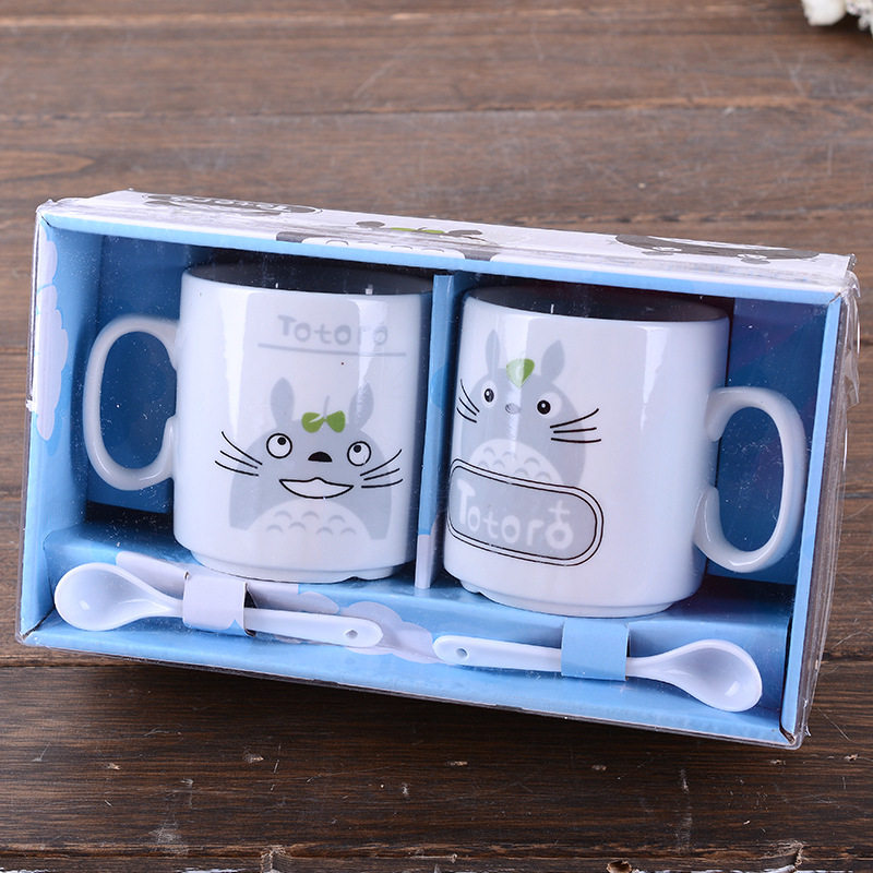 创意卡通龙猫套杯 家用水杯个性陶瓷马克杯情侣杯带勺办公室杯子