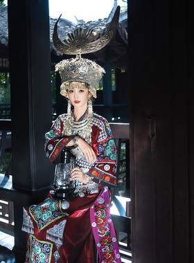 苗族服装女土家族湘西少数民族舞蹈演出服牛角帽子项圈苗家盛装