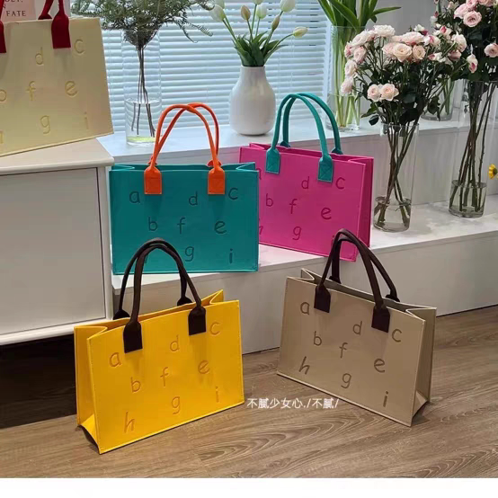 撞色字母购物袋ins风手提毛毡包便携大容量环保袋礼品袋单肩包