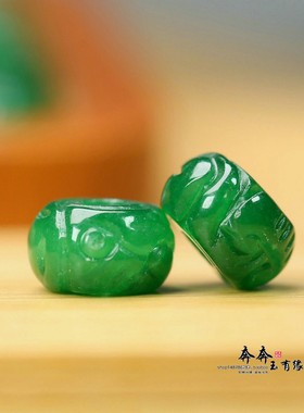 天然干青翡翠14*8mm孔4mm手工雕刻祥云花纹算盘珠鼓珠项链Y210