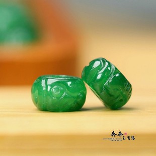 天然干青翡翠14 8mm孔4mm手工雕刻祥云花纹算盘珠鼓珠项链Y210