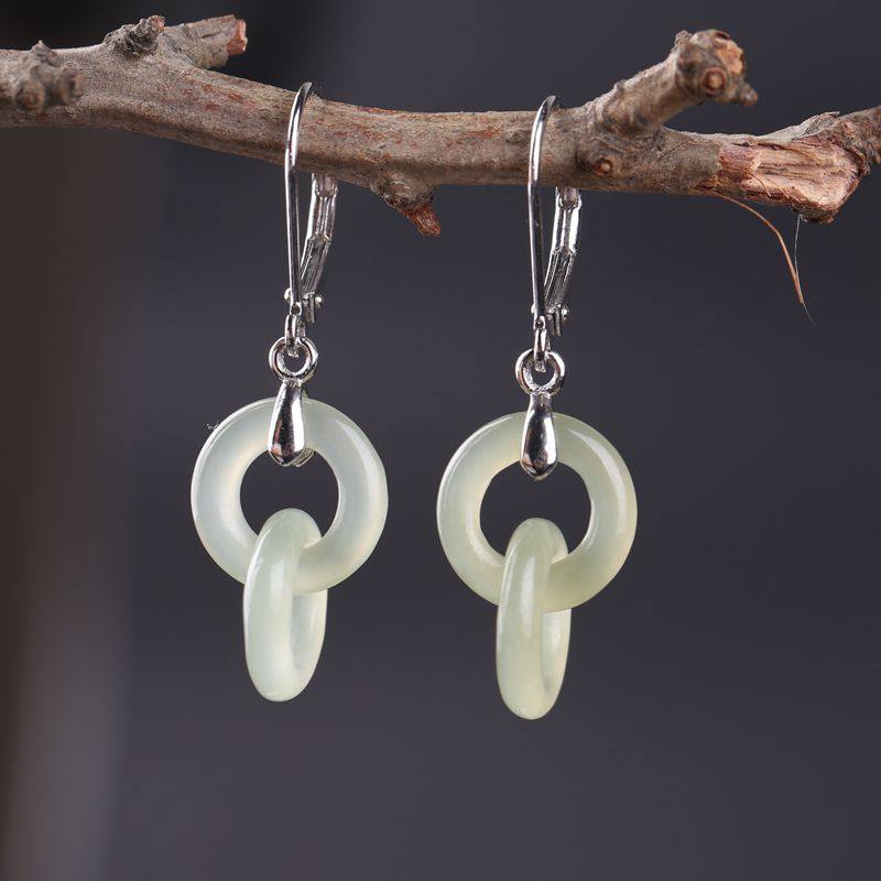 精巧款和田玉套环天然玉石环环相扣银耳坠项链吊坠12mm同心扣y109