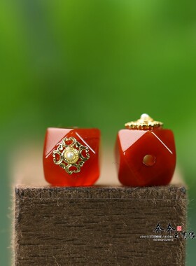 天然满肉红玛瑙8mm八棱镶面方糖单珠配件diy藏饰配珠古法隔珠D189