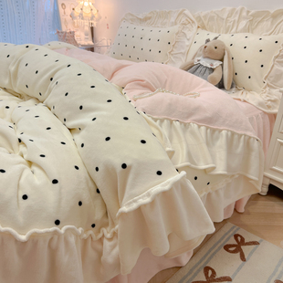 法式 奶油风花边床裙四件套牛奶绒冬加厚珊瑚绒床单被套宿舍三件套