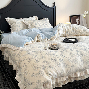 法式 田园牛奶绒花边床上四件套加厚公主风珊瑚绒床单被套三件套