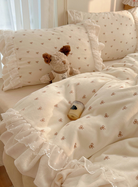 公主风仙美拼接花边牛奶绒四件套秋冬小碎花双面珊瑚绒被套三件套