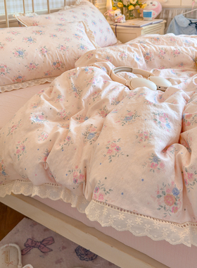 A类双层纱纯棉床上四件套2025新款全棉花边被套床单宿舍三件套