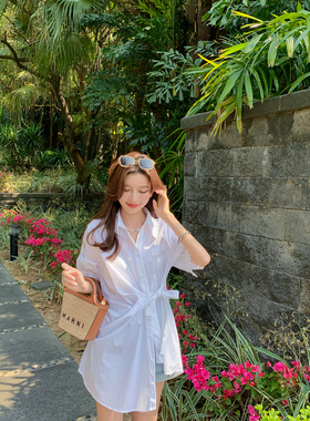 高级感不规则绑带白色衬衫中长款早秋2025收腰设计感小众上衣短袖