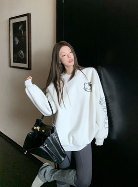 新年设计感刺绣猫咪白色卫衣加绒加厚女冬2025慵懒宽松上衣中长款