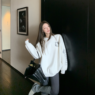 新年设计感刺绣猫咪白色卫衣加厚女冬2026慵懒宽松上衣中长款