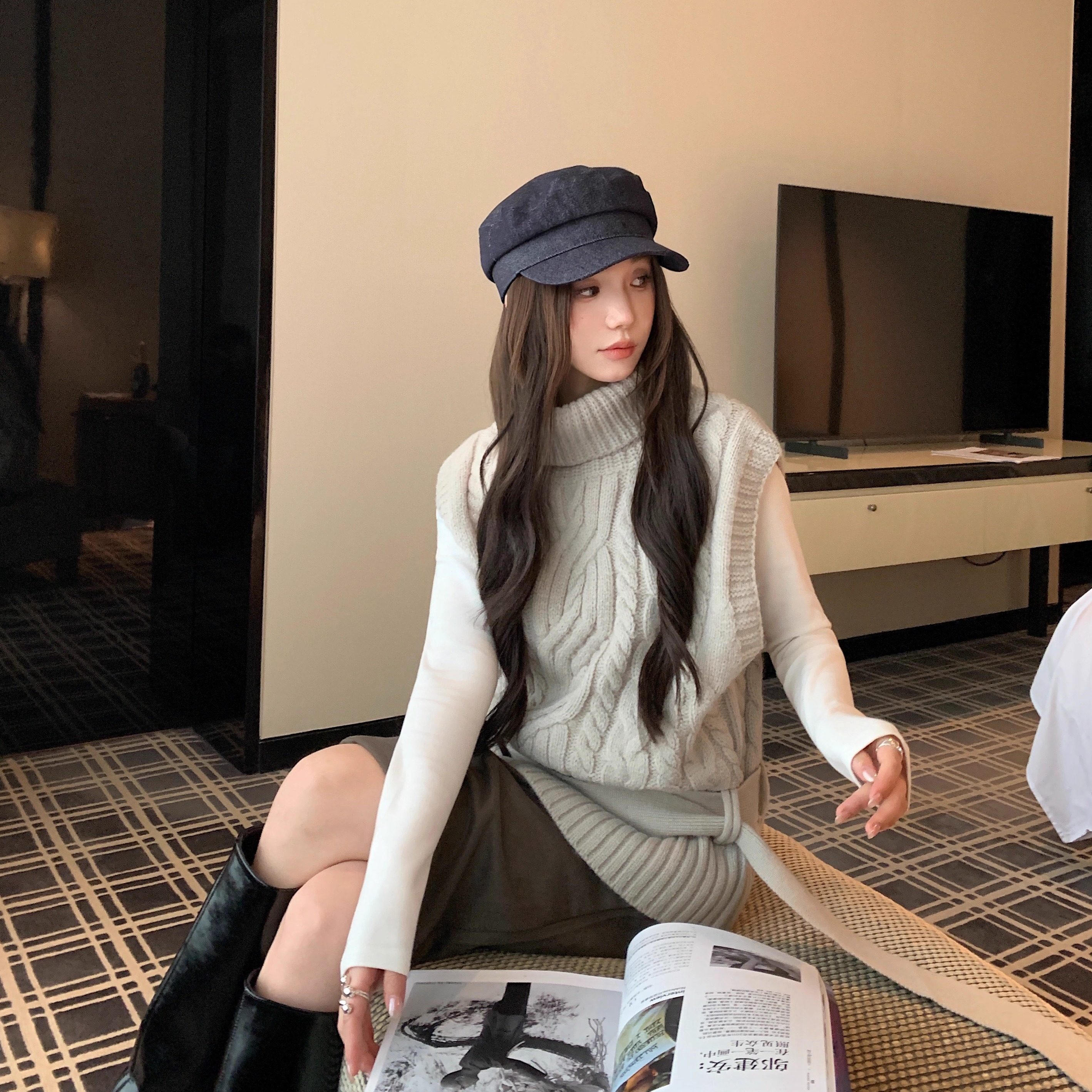 时髦尖子生 高领麻花毛衣马甲女冬2025慵懒风叠穿背心毛衫带腰带