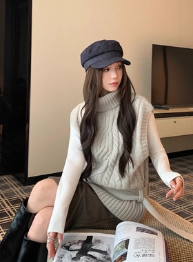 时髦尖子生 高领麻花毛衣马甲女冬2025慵懒风叠穿背心毛衫带腰带