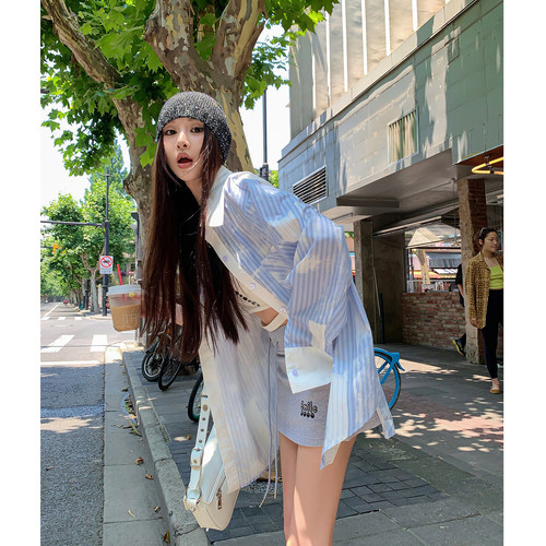 撞色蓝色设计感衬衫中长款女早秋