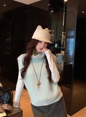 甜糯礼颂 薄荷绿甜美斗篷针织衫马甲女2025冬新款叠穿针织上衣