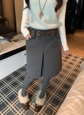 拼接设计压褶毛呢半身裙女秋冬显瘦A字短裙羊毛呢子中裙带腰带