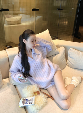 新年polo领加厚麻花紫色毛衣两件套冬2025宽松慵懒针织衫短裤套装