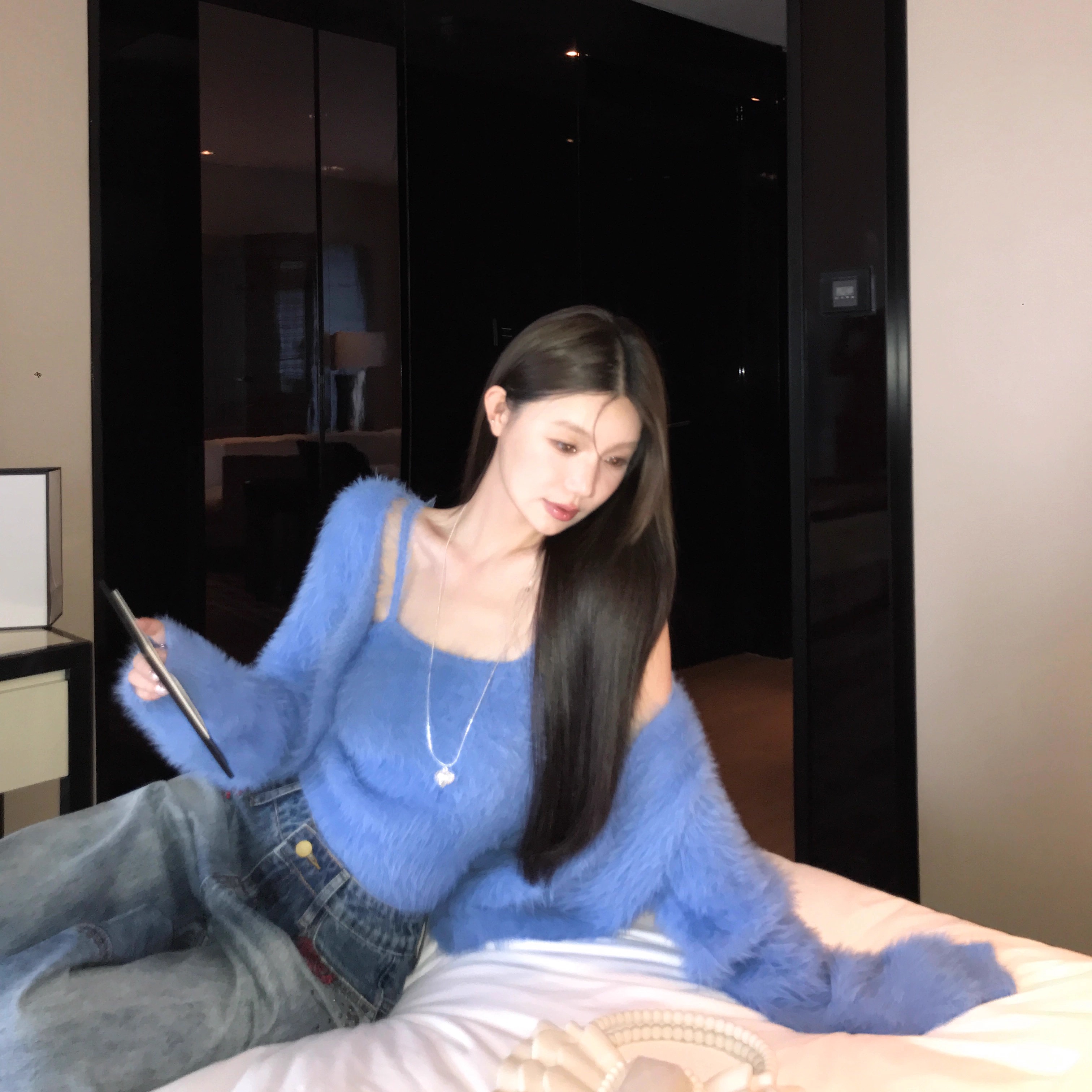 软糯水貂毛针织开衫两件套女秋冬