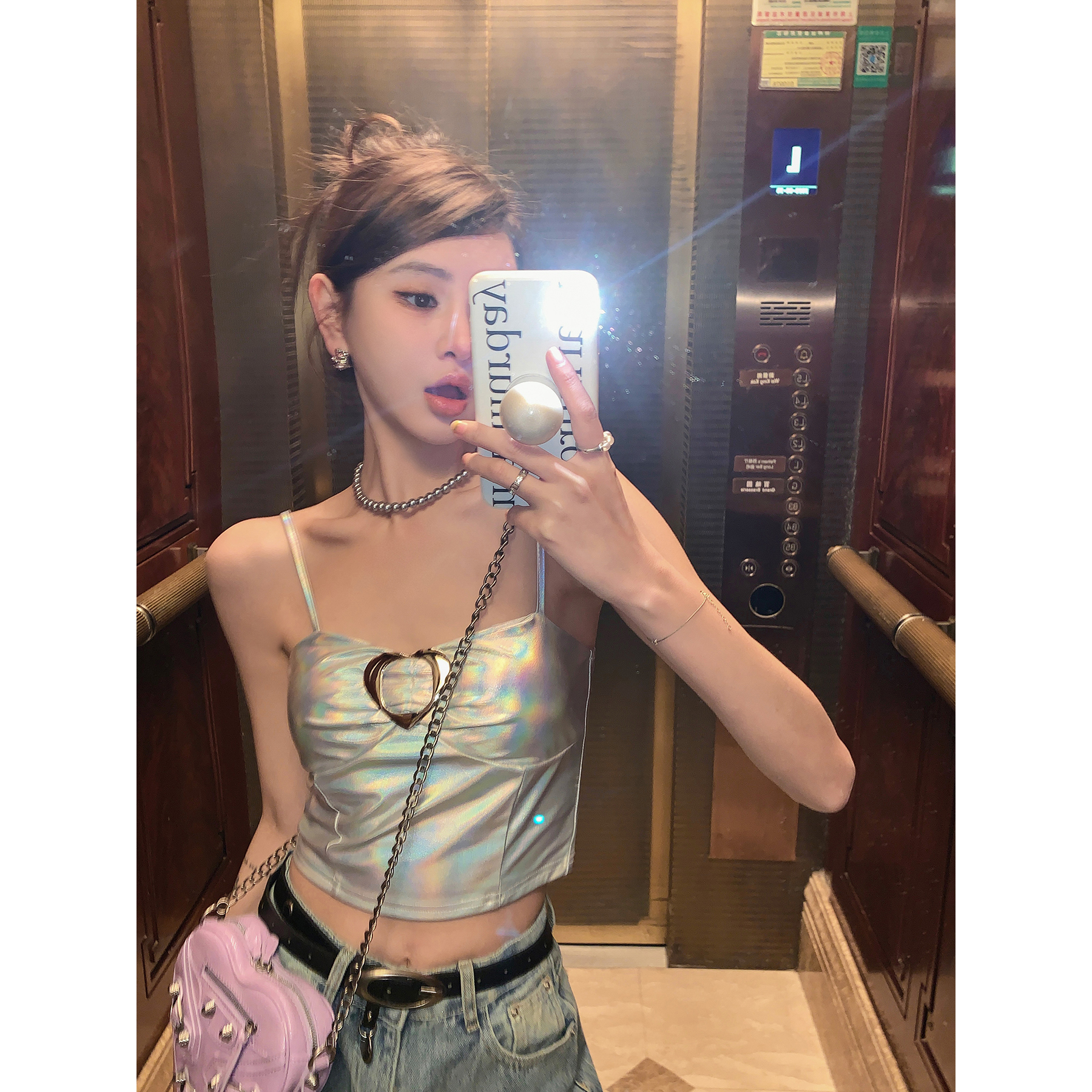辣妹银色修身吊带设计感吊带