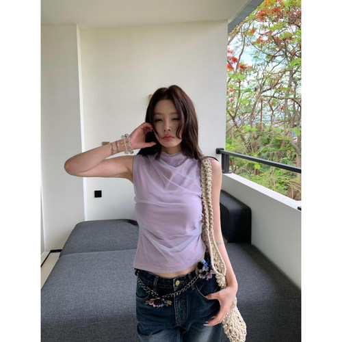 soft柔光 时髦精修身百搭透气网纱半高领高级感无袖背心上衣女