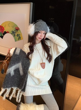 暖冬壁炉  重工绞花圆领套头毛衣两件套2025冬慵懒麻花上衣+半裙
