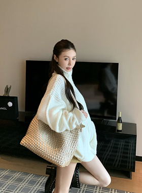 雾感镂空 重工艺白色麻花针织开衫女秋高级感外穿外套毛衣中长款