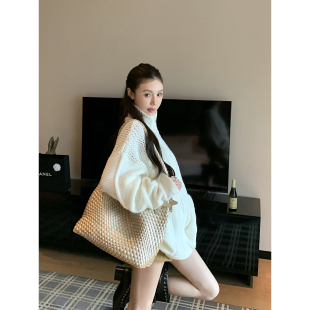 雾感镂空 重工艺白色麻花针织开衫女秋高级感外穿外套毛衣中长款