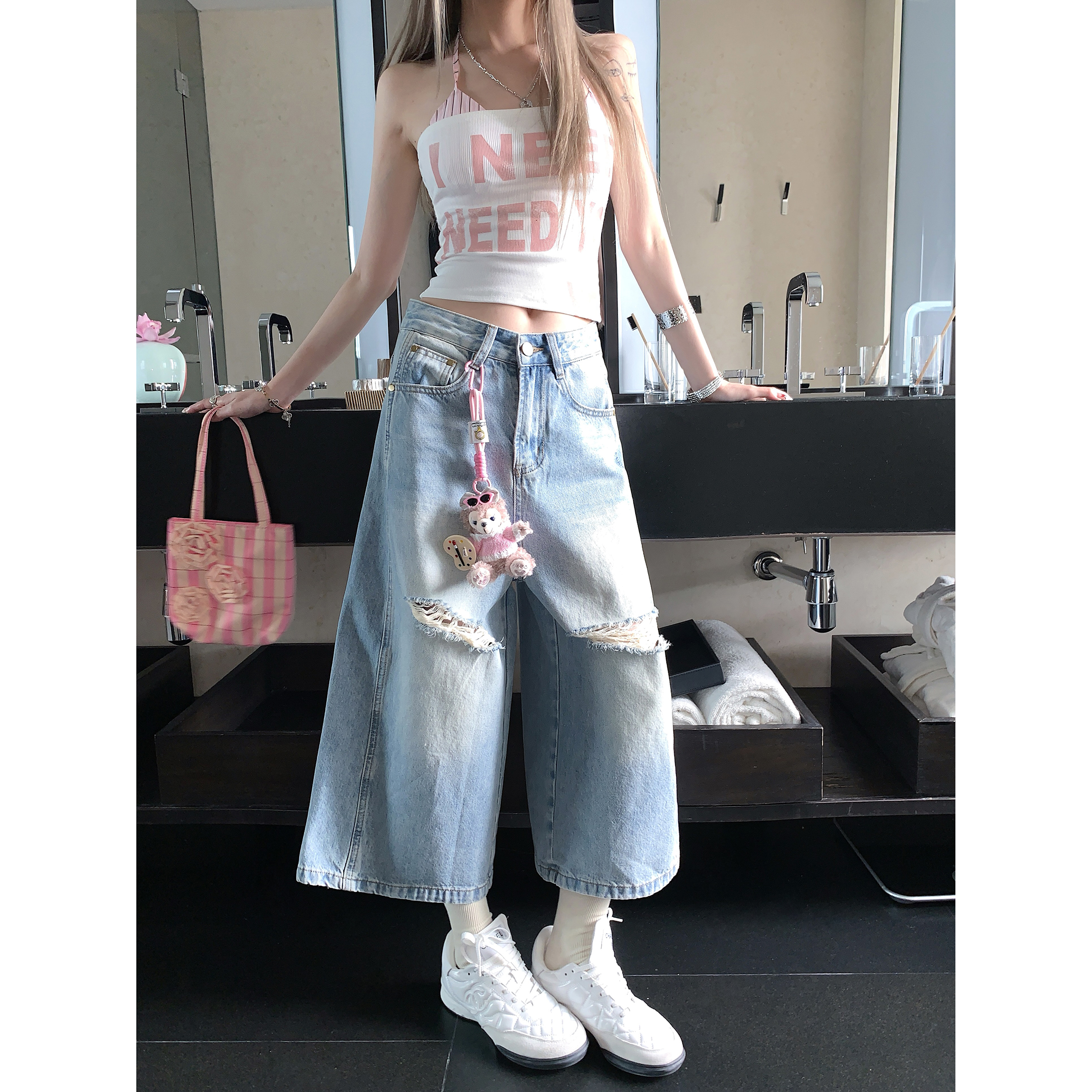 休闲辣妹破洞宽松牛仔裤女夏2025