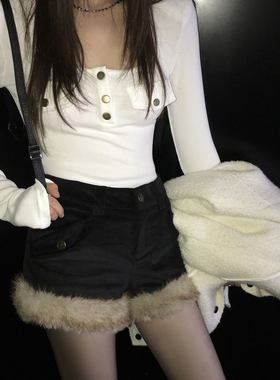 复古时髦小众高腰灯芯绒短裤厚女秋冬2025设计感拼毛毛休闲裤阔腿