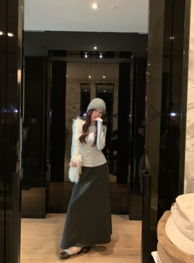 格雷美学 灰色羊毛保暖毛呢微A半身裙女2025新款松紧腰半身裙长裙