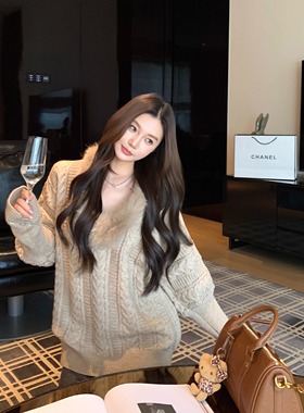 北海道织恋 慵懒风蝙蝠袖毛领麻花毛衣女宽松显瘦V领针织衫上衣