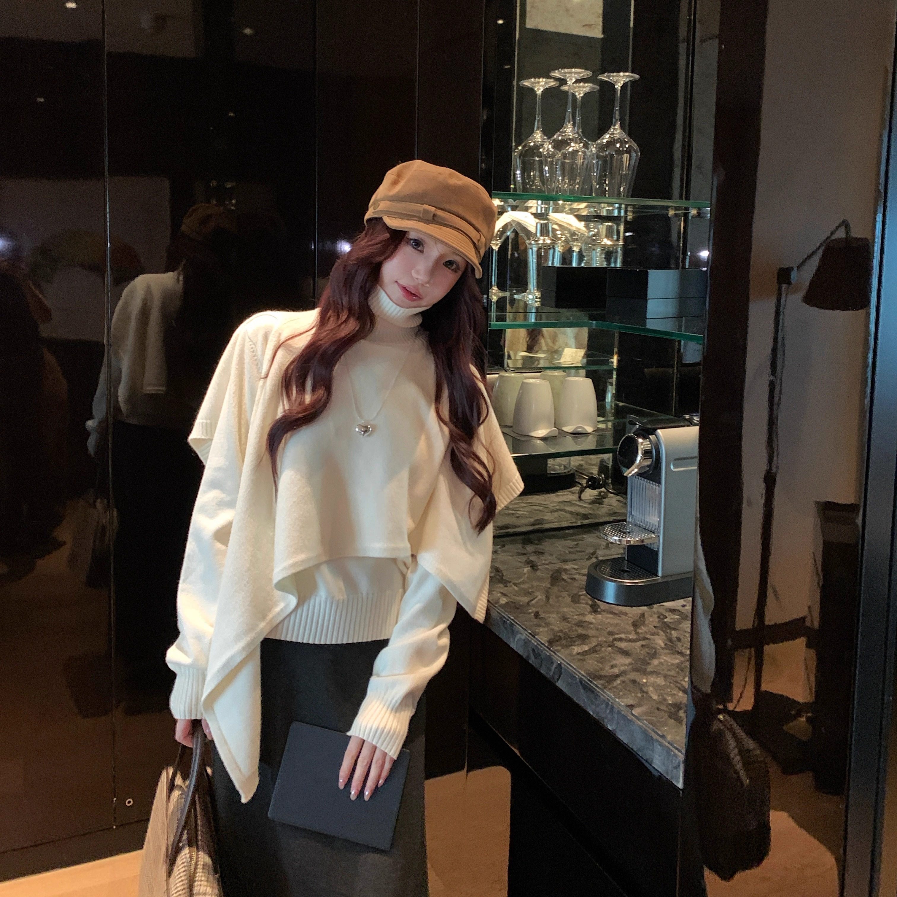 浪漫时区 韩系氛围感穿搭针织两件套千金风斗篷披肩+打底毛衣套装