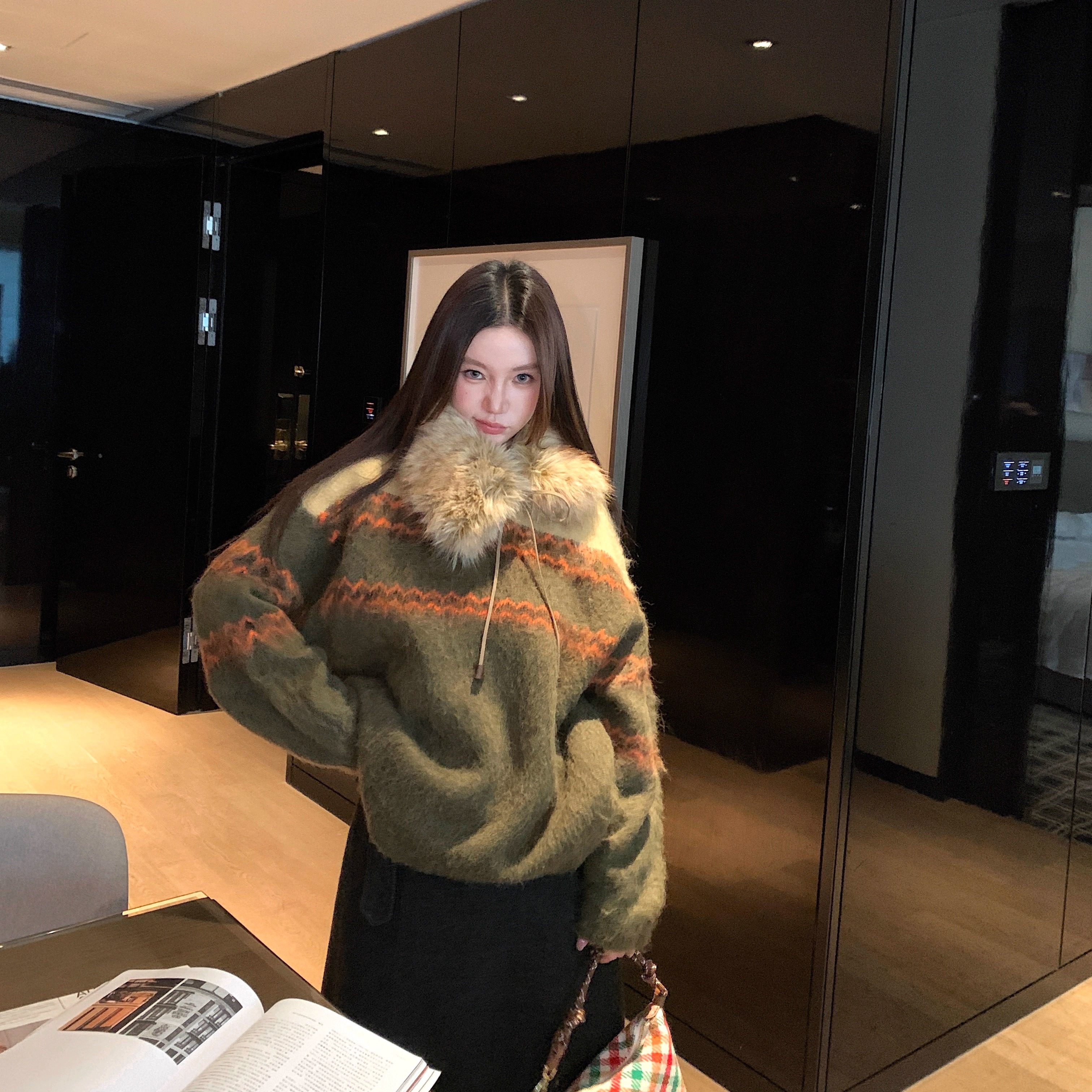 圣诞费尔岛长毛拉毛毛衣女冬2025绿色提花撞色慵懒软糯宽松上衣