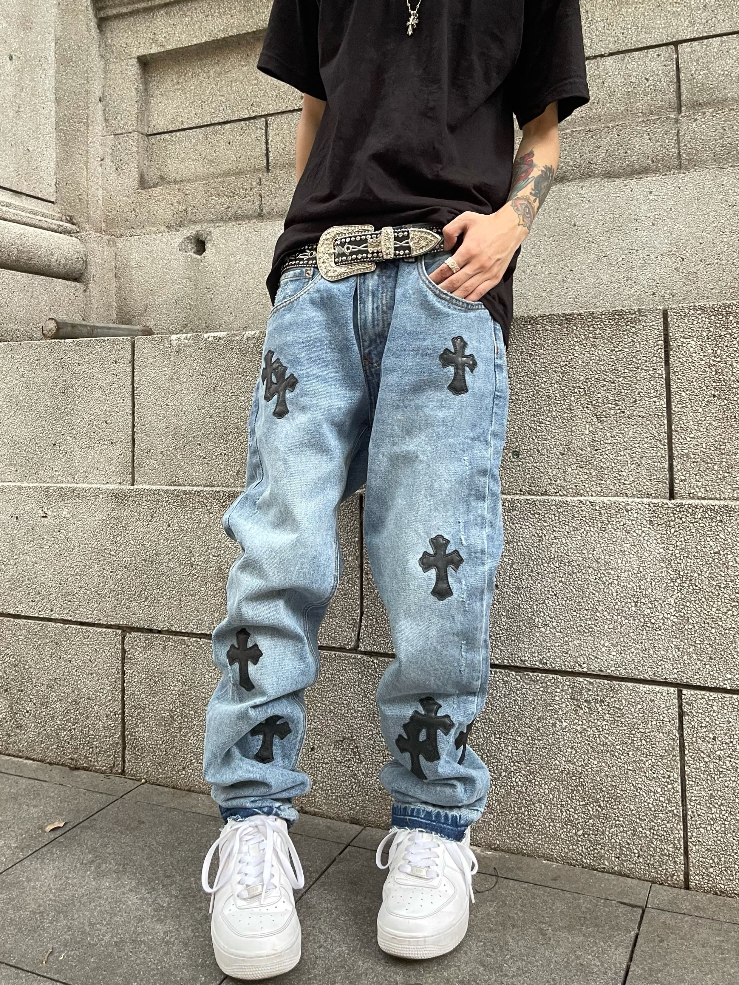 牛仔裤hy711原创刮烂真皮十字架