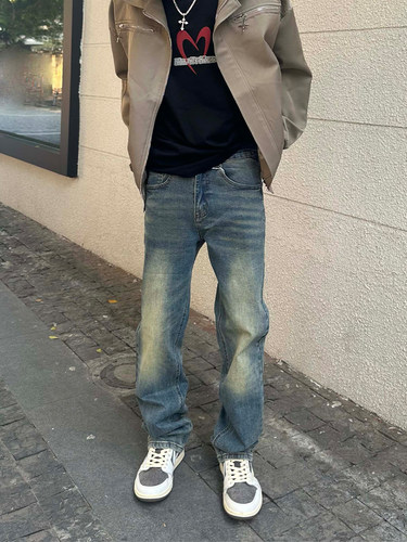 HY711 美式复古cleanfit泥染裤子显瘦直筒修身百搭高街牛仔裤男