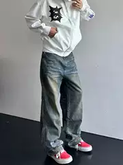 HY711 American Vintage Oil-Stain Design Yellow Mud Dyed High Street Jeans Men's Straight-Leg Loose Fit Couple Pants