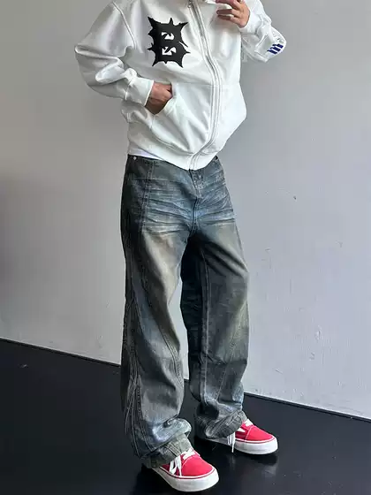 HY711 American Vintage Oil-Stain Design Yellow Mud Dyed High Street Jeans Men's Straight-Leg Loose Fit Couple Pants