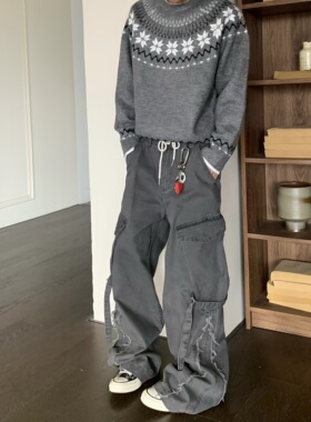 HY711 美式绑带水洗流苏灰色工装裤男女百搭直筒阔腿宽松休闲裤