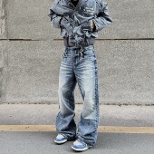 男女cleanfit裤 HY711 水洗闪电蓝灰抓痕猫须直筒微喇宽松牛仔裤 子