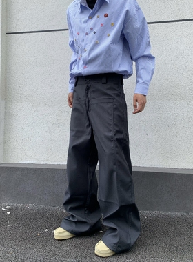 HY711 高级感横切立体剪裁廓形直筒西裤男女百搭宽松阔腿休闲裤子
