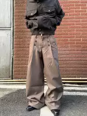 HY711 Pleated Six-Button Blended Wide-Leg Straight Pants with Subtle Texture, Old Money Style High-End Casual Pants