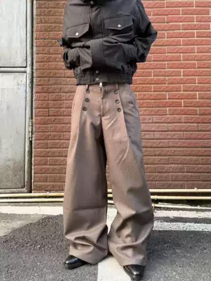 HY711 Pleated Six-Button Blended Wide-Leg Straight Pants with Subtle Texture, Old Money Style High-End Casual Pants