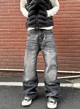 HY711 复古手擦猫须水洗小直筒黑色牛仔裤男女百搭cleanfit裤子