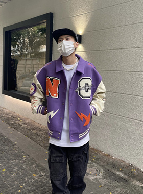 HY711 原创美式潮牌翻领情侣上衣刺绣植绒棒球服夹克外套男秋冬款