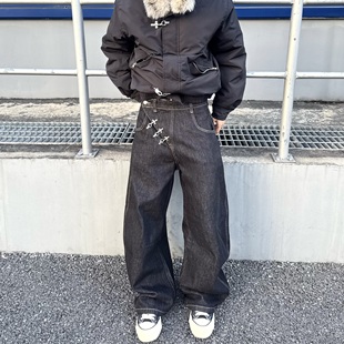 子 男女百搭宽松baggy裤 HY711 斜门襟飞机扣原牛直筒微弯刀牛仔裤